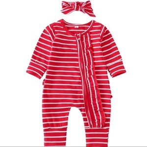 NEW - Red Stripe Zip Ruffle Baby Romper